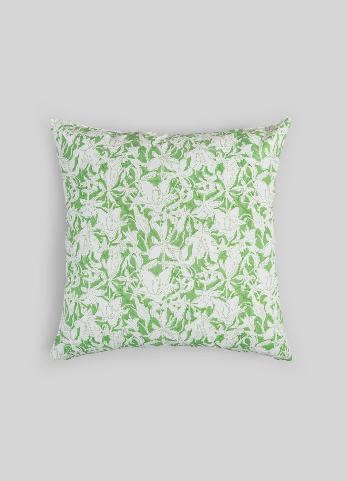 Floral patterned pillow cover with green and white design on a gray background luxury cushion cover viya