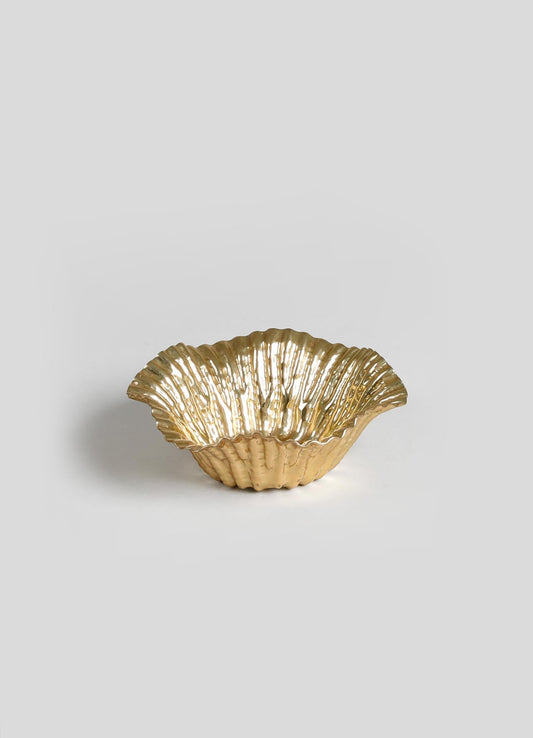 A gold-toned metal bowl with a ruffled, scalloped edge and textured surface, resembling a seashell or flower petal design.