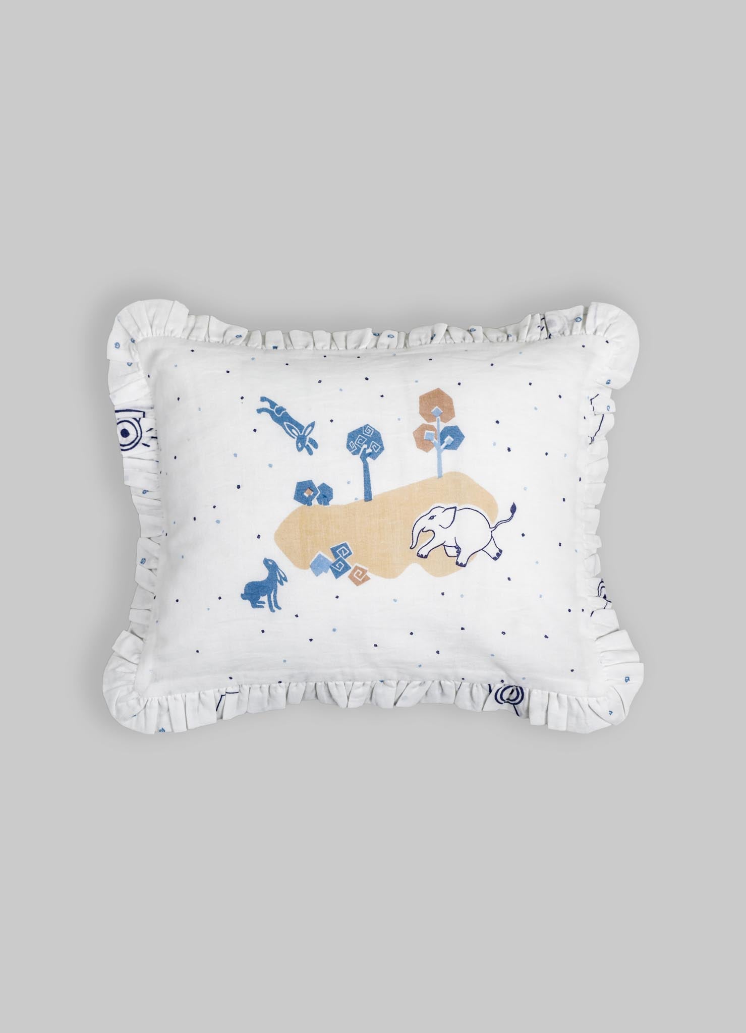 Almohada Azul para Bebé Elefante y Liebre