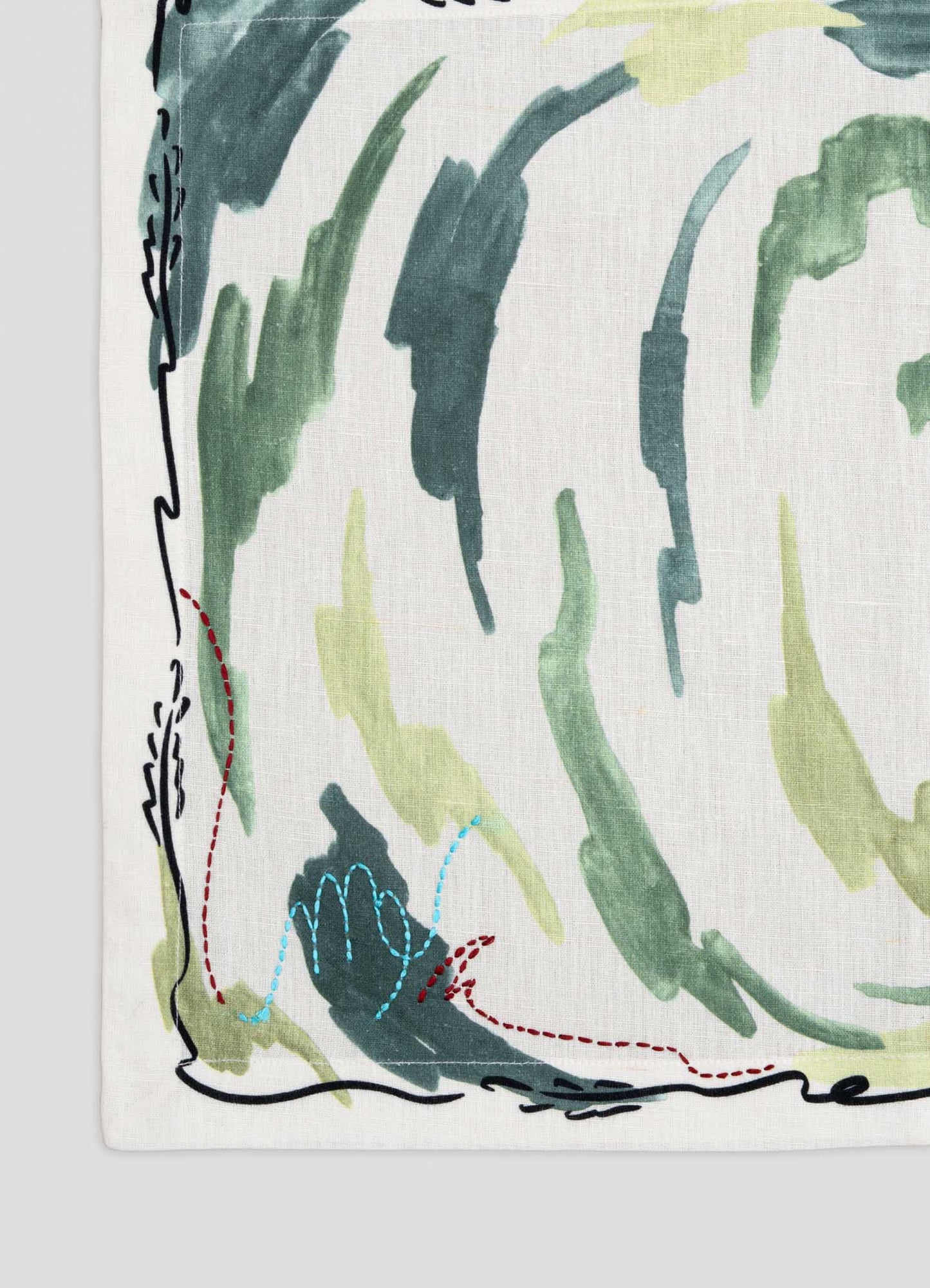 Cotton fabric with abstract watercolor brushstroke pattern in shades of green, blue, and beige, bordered with embroidered dotted lines in contrasting colors.