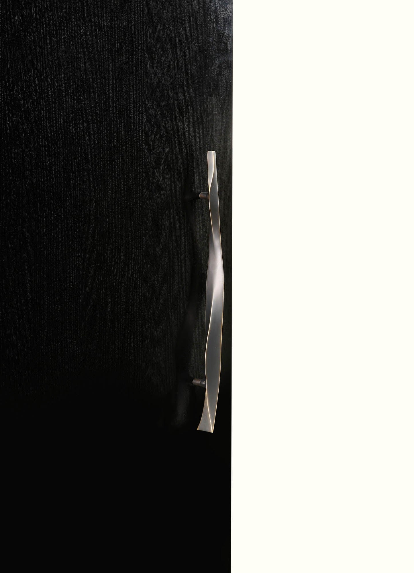 A door panel with a textured black surface and a sleek, modern metal handle, set against a light-colored background.
