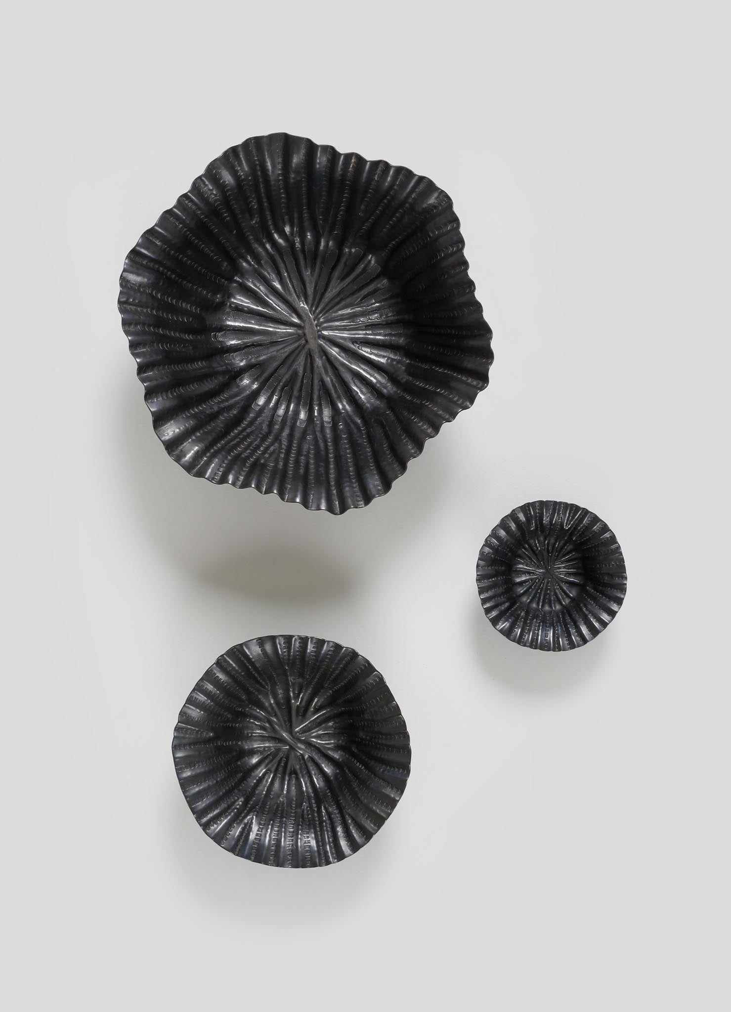 Three black metallic dishes with a ribbed, shell-like design and circular shape, displayed on a white background. The dishes vary in size and have a glossy finish, emphasizing a modern and sculptural style.
