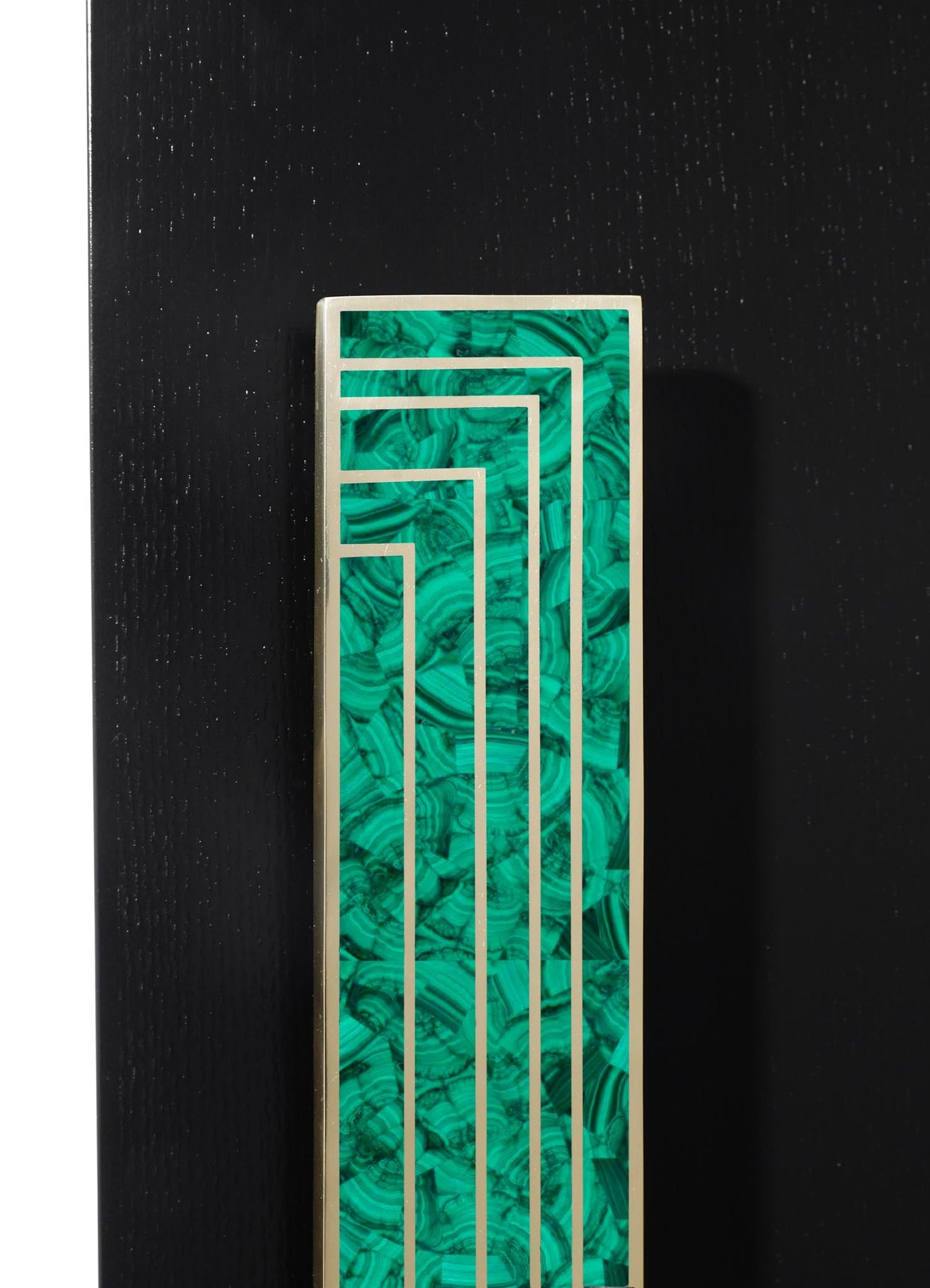 A decorative wall panel with a geometric design featuring rectangular cutouts and an inlay of vibrant malachite stone with green swirling patterns, set against a black textured background.