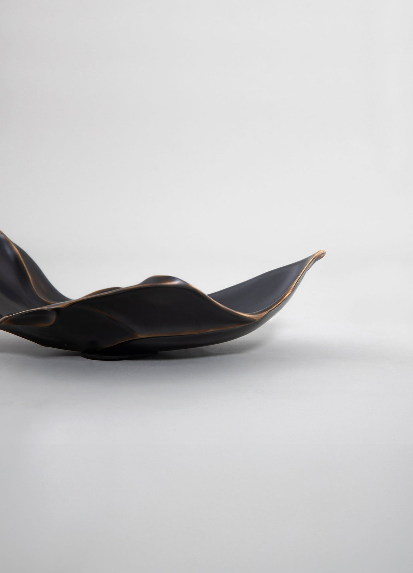 A black ceramic or resin decorative bowl with flowing, organic curves and metallic gold accents along the edges, set against a plain white background. The design appears modern and sculptural, emphasizing smooth lines and a sleek finish.