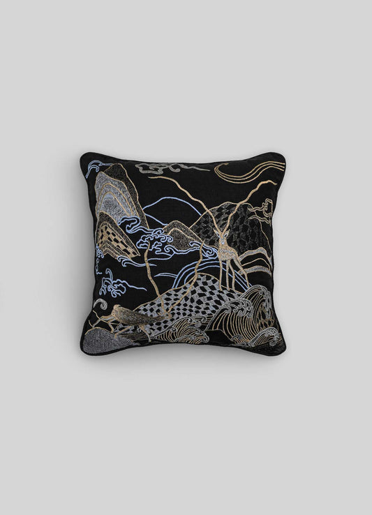 Dreamscape Blackbuck Black & Gold Embroidered Linen Cushion Cover 16"x16"