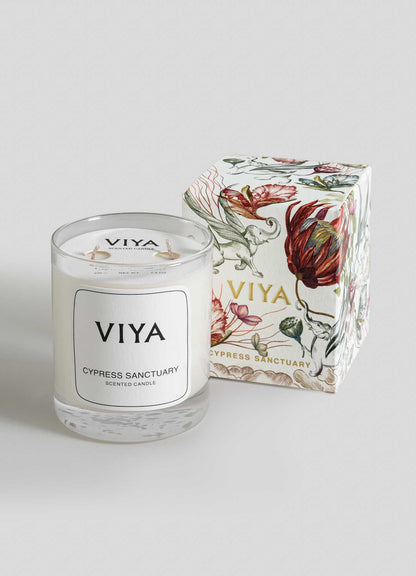 VIYA candle and packaging on a light gray background viya luxury wax candle