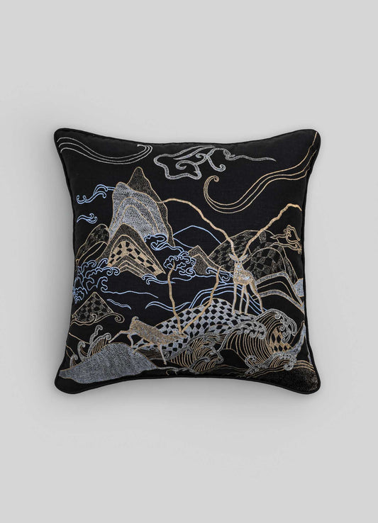 Dreamscape Blackbuck Black & Gold Embroidered Linen Cushion Cover 24"x24"