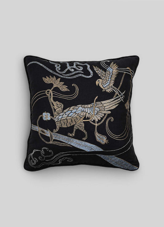 Dreamscape Leophant Black & Gold Embroidered Linen Cushion Cover 24"x24"