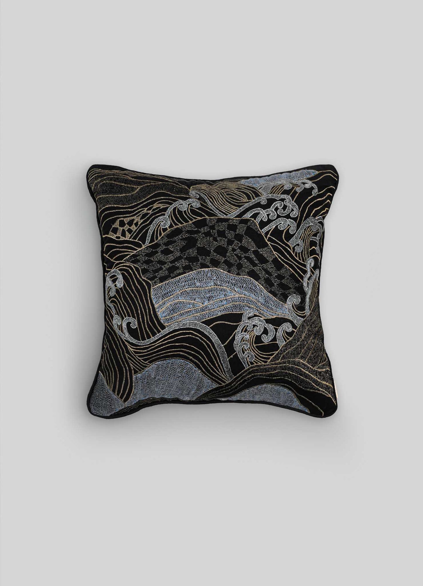 Fodera per Cuscino in Lino Ricamato Nero e Oro Dreamscape 18"x18"