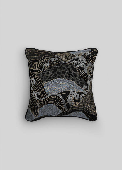 Fodera per Cuscino in Lino Ricamato Nero e Oro Dreamscape 18"x18"
