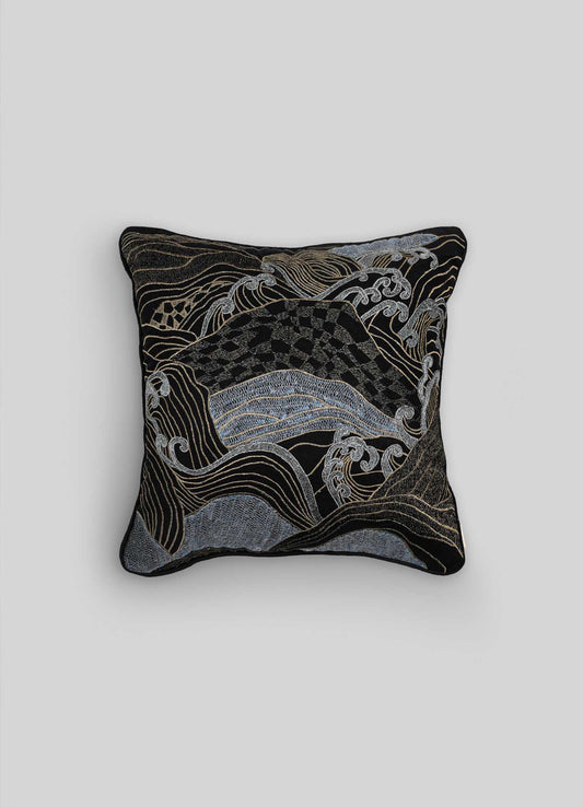 Dreamscape Black & Gold Embroidered Linen Cushion Cover 18"x18"