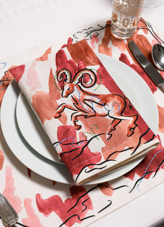 Aries Printed & Hand Embroidered Red Napkin