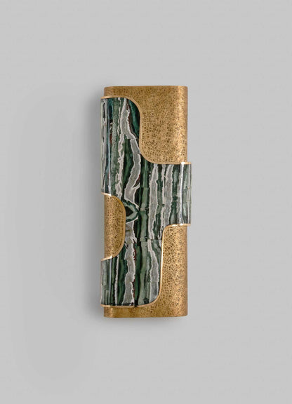 A decorative wall sconce featuring a combination of green and white marbled stone with a gold crackle finish, framed by gold metal accents. The design blends contemporary elegance with sculptural elements.