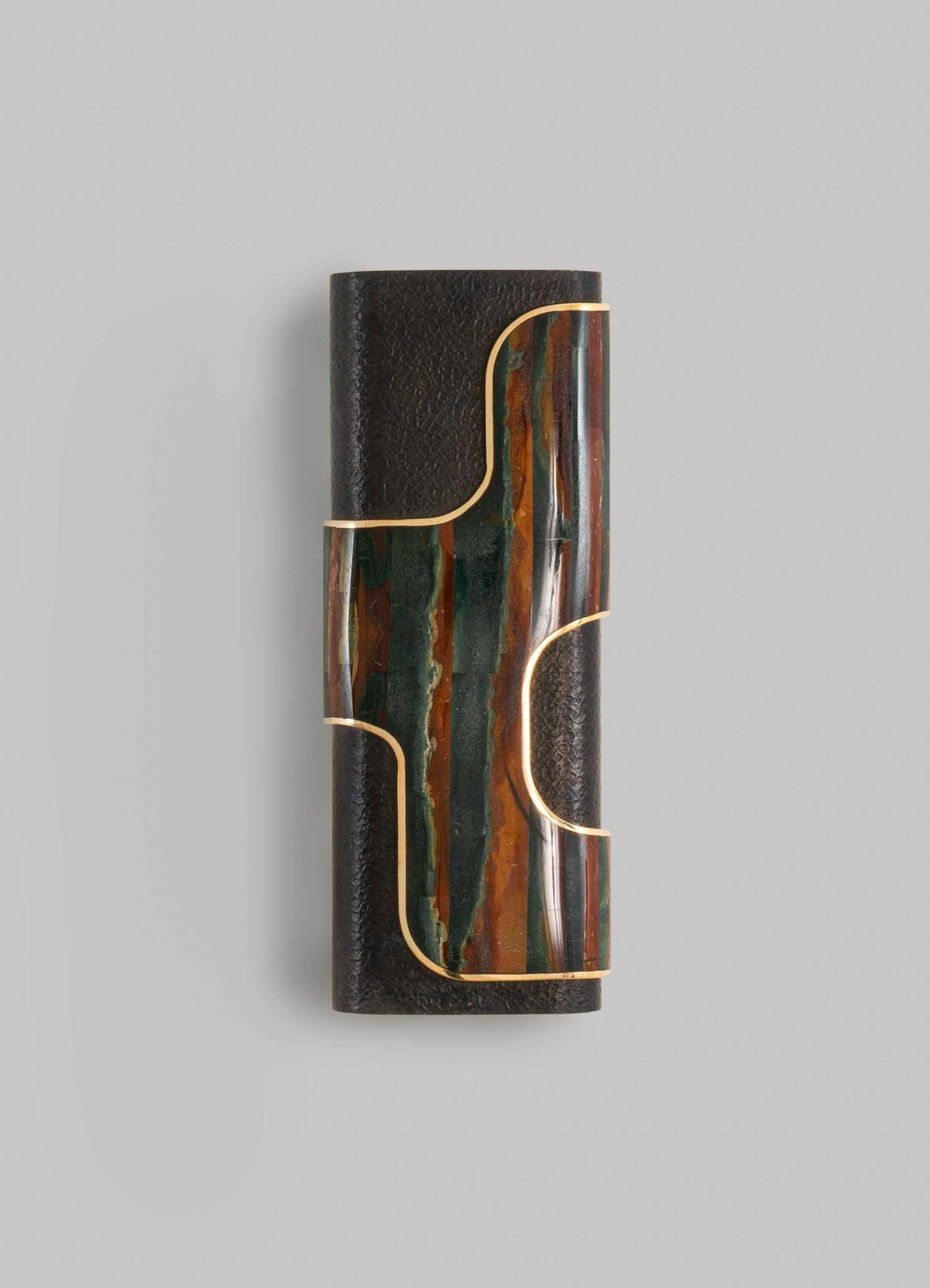 A decorative wall sconce featuring a cylindrical black textured finish with a central panel of multicolored onyx or marble slices and gold-toned metal accents, creating a modern luxury style.