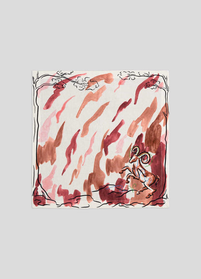 Serviette Rouge Imprimée Et  Brodée À La Main Bélier