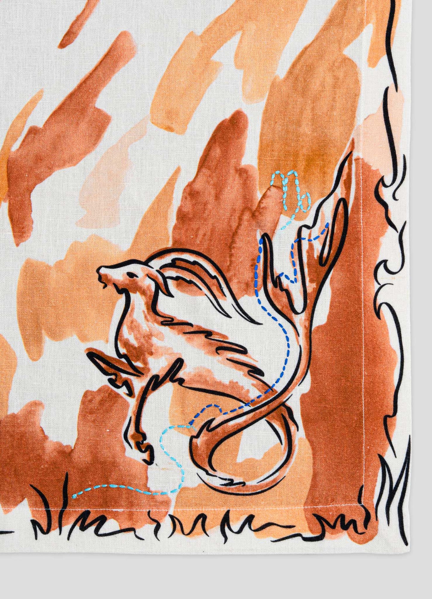 Serviette Orange Imprimée Et  Brodée À La Main Capricorne
