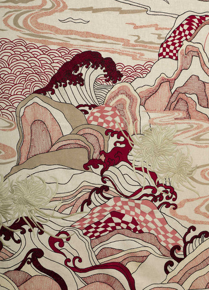 The Dreamscape Ecru Embroidered Bedcover by Viya showcases Japanese-style waves, mountains, and clouds in red, cream, and beige with symbolic motifs and intricate checkerboard and swirl patterns throughout.