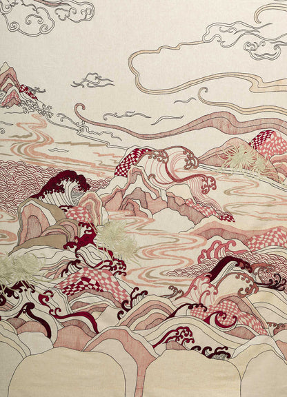 The Dreamscape Ecru Embroidered Bedcover by Viya features stylized waves, swirling clouds, and mountains in muted reds and browns, inspired by traditional East Asian art and intricate embroidered textiles.