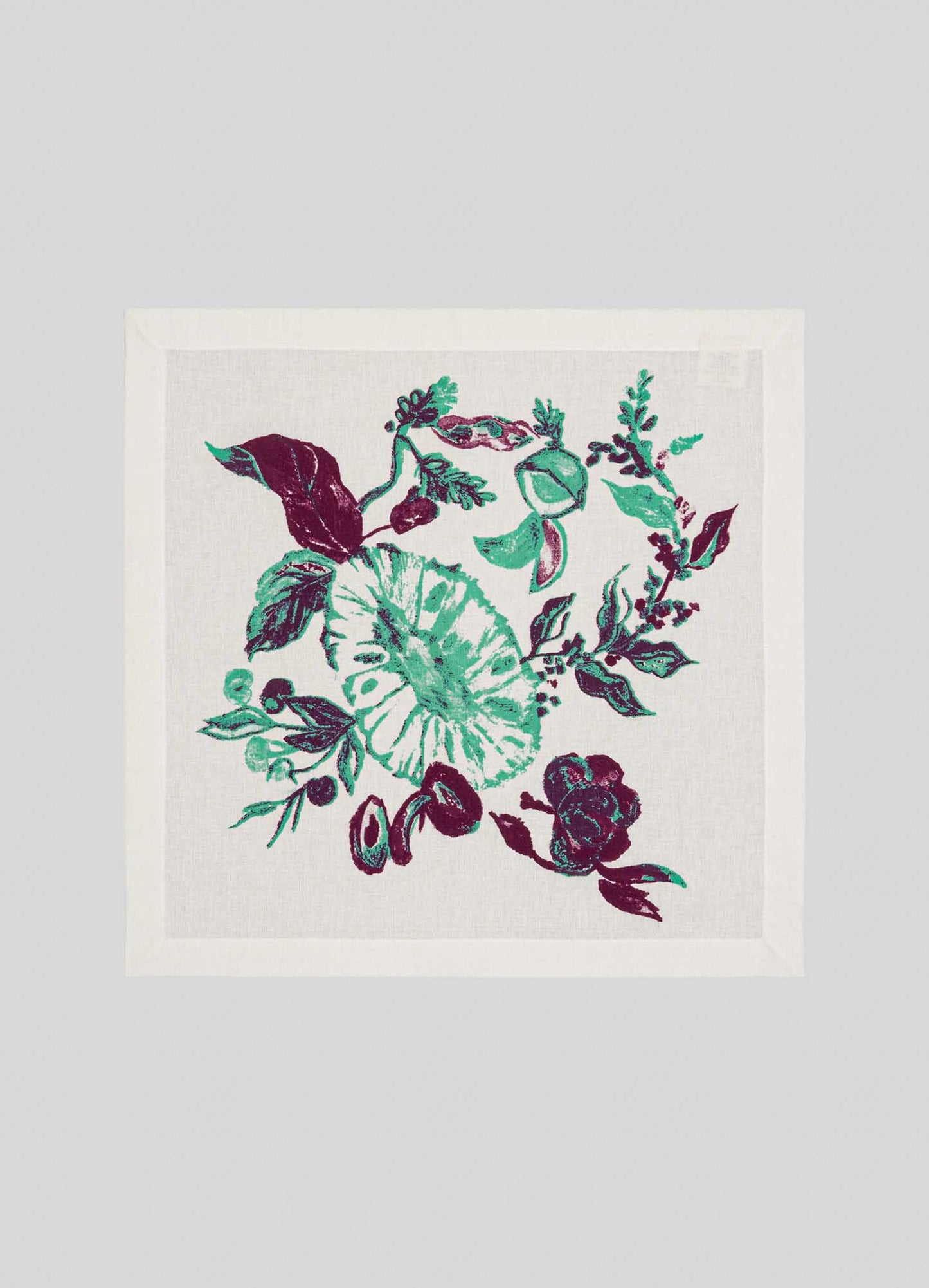 The Jackfruit Green Napkins by Viya are white square napkins featuring embroidered green and dark purple floral designs inspired by Indian fruit orchards, evoking the hues of jackfruit—sold as a set of 4.
