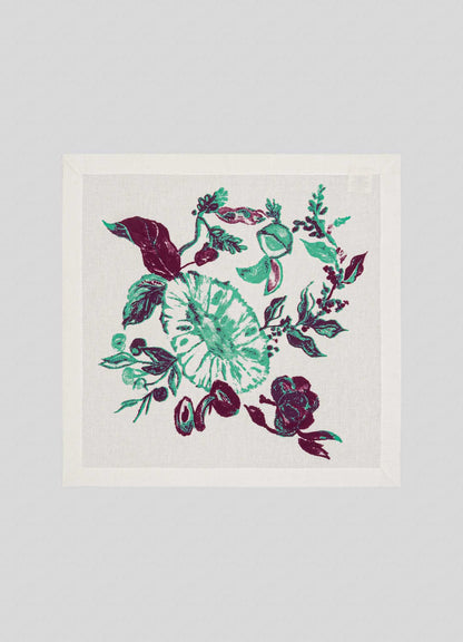 The Jackfruit Green Napkins by Viya are white square napkins featuring embroidered green and dark purple floral designs inspired by Indian fruit orchards, evoking the hues of jackfruit—sold as a set of 4.