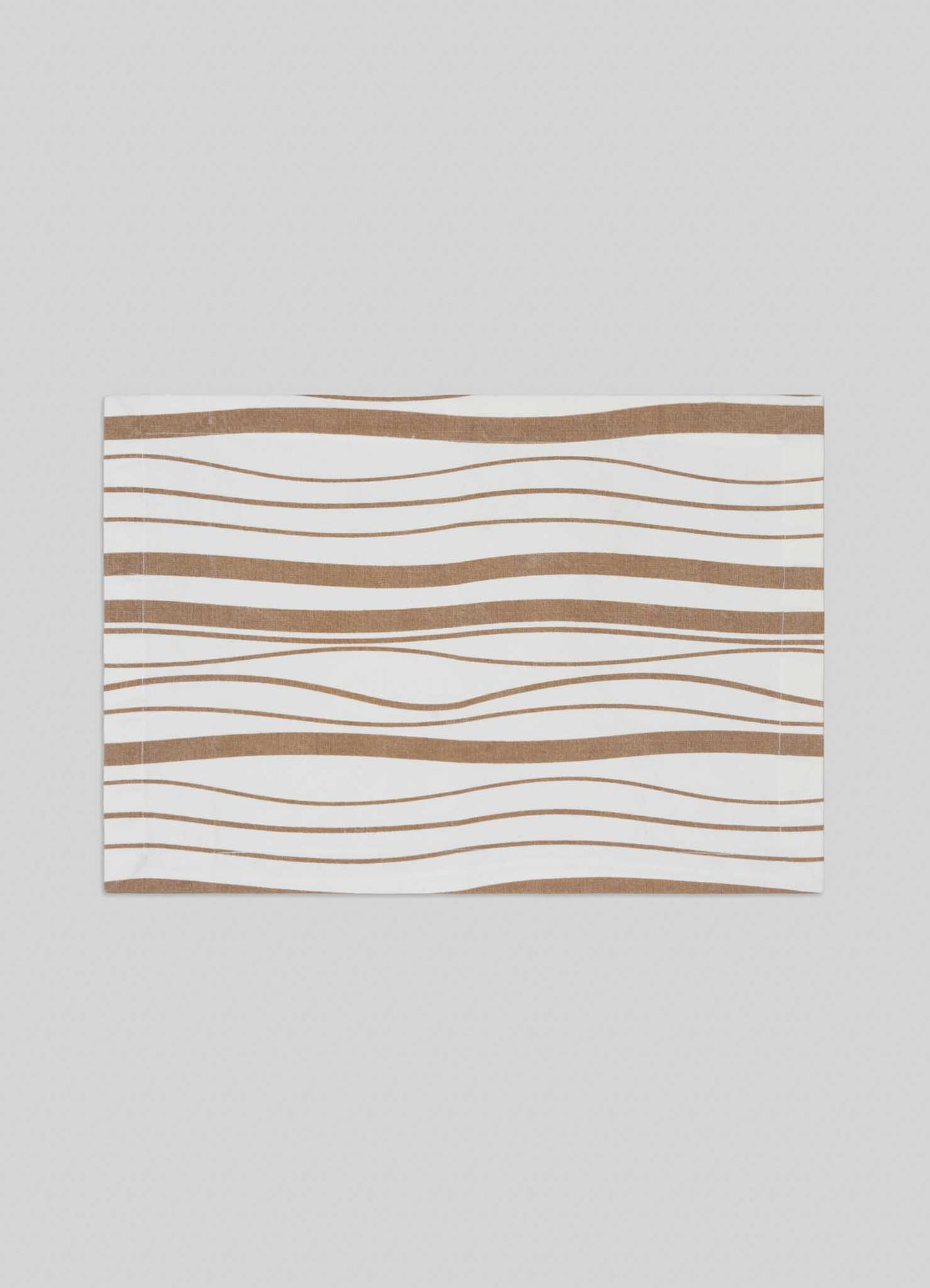 The Viya Madras Check Beige Placemats (Set of 4) feature a rectangular shape with white and beige tones, accented by wavy horizontal brown lines inspired by contemporary Indian textiles.