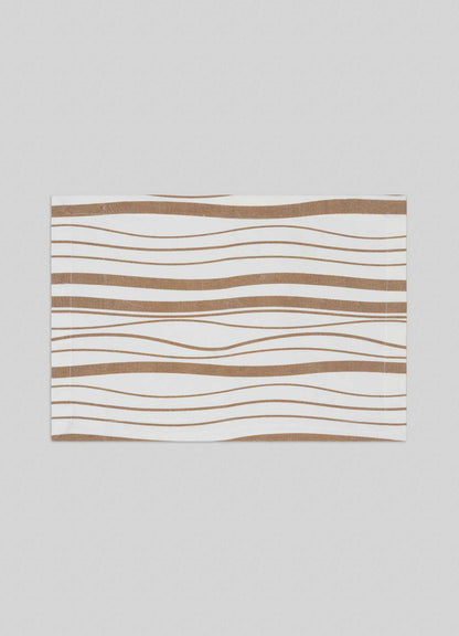 The Viya Madras Check Beige Placemats (Set of 4) feature a rectangular shape with white and beige tones, accented by wavy horizontal brown lines inspired by contemporary Indian textiles.