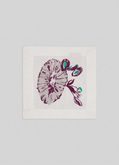 The Orchard Green Cocktail Napkins (Set of 4) by Viya feature a stylized mushroom in purple, gray, and green—ideal for bringing Indian fruit orchard charm to your table.