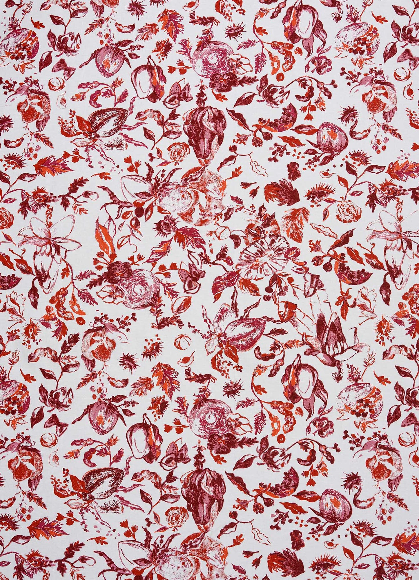The Viya Orchard Red Table Cloth Large features a symmetrical, repeating design of vibrant red, orange, and pink floral and botanical patterns on white, inspired by Indian pomegranate motifs and orchard elements.