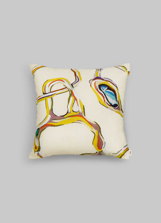 The Viya Tutti Frutti Hand Embroidered Multicolour Cushion Cover 18"x18" features vibrant yellow, orange, blue, and green abstract lines on a light base, reminiscent of artisan style and shown against a plain gray background.