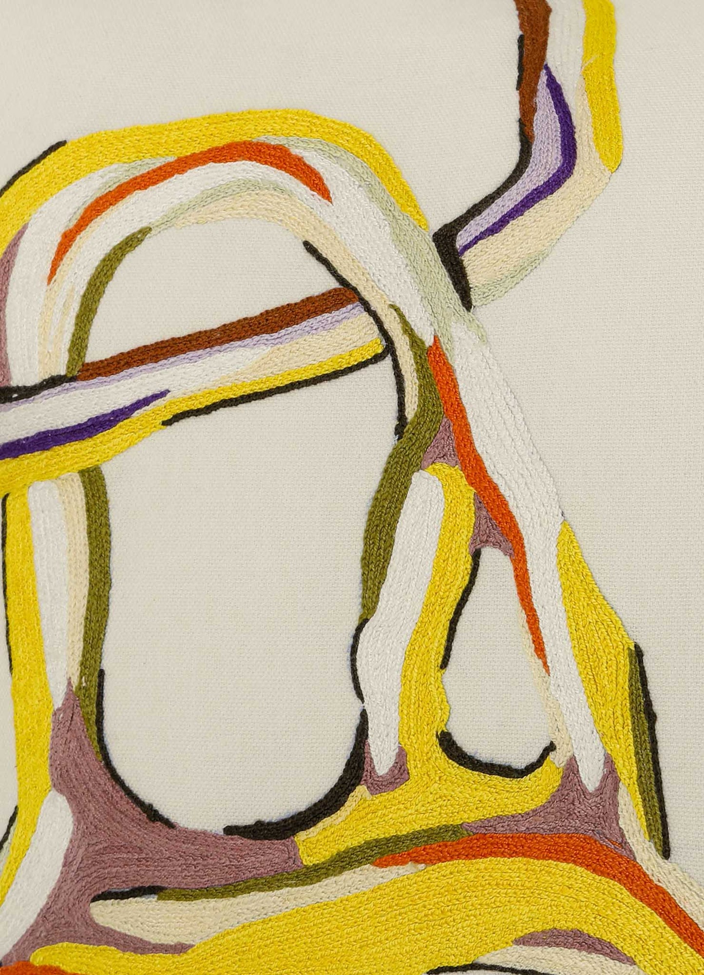 The Viya Tutti Frutti Hand Embroidered Multicolour Cushion Cover (18"x18") features curved, intersecting shapes in yellow, orange, purple, brown, olive green, and cream threads on a light fabric background.