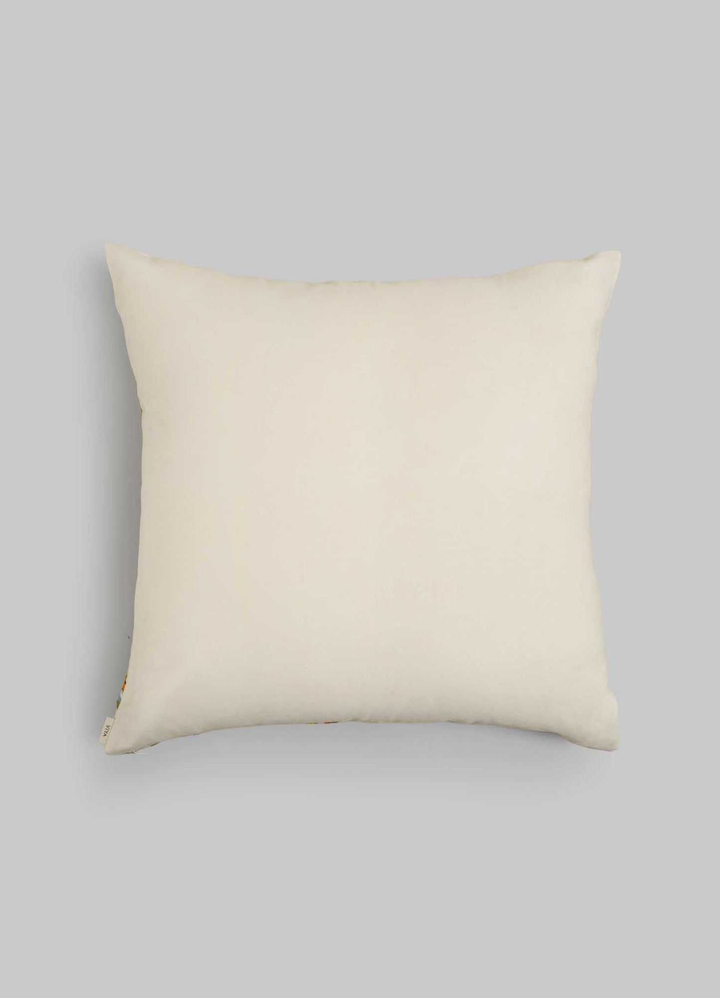 The Viya Tutti Frutti Hand Embroidered Multicolour Cushion Cover 24"x24" adds vibrant charm to your space, perfect for mixing with elegant linens or accenting plain off-white pillows for a stylish, colourful look.