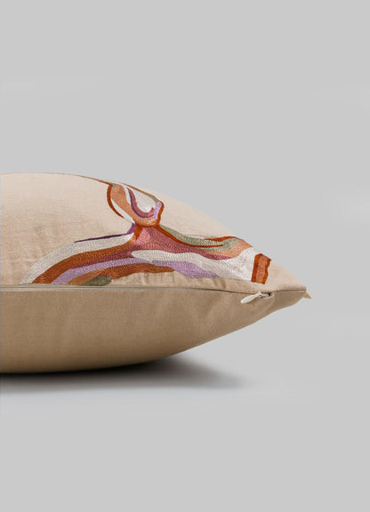 The Viya Tutti Frutti Salmon Pink Cushion Cover 18"x18" features colorful hand-embroidered abstract lines and a visible side zipper, shown against a plain light gray background.