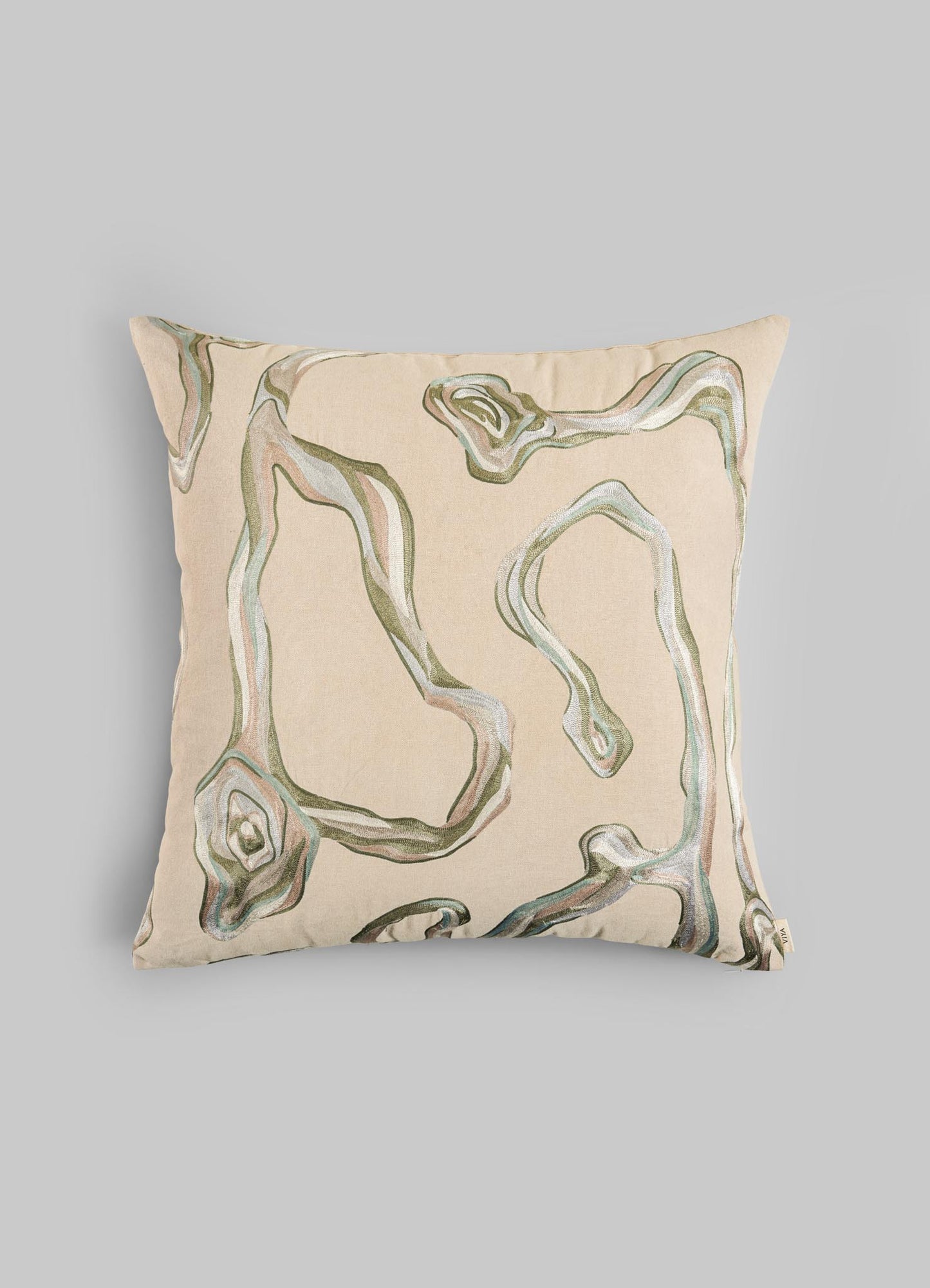 The Viya Tutti Frutti Sea Green Cushion Cover 24"x24" features an abstract pattern of wavy green and brown lines, echoing natural formations—an elegant accent to pair with your favorite table linen.