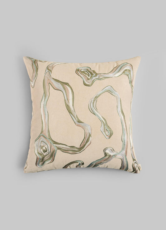 The Viya Tutti Frutti Sea Green Cushion Cover 24"x24" features an abstract pattern of wavy green and brown lines, echoing natural formations—an elegant accent to pair with your favorite table linen.