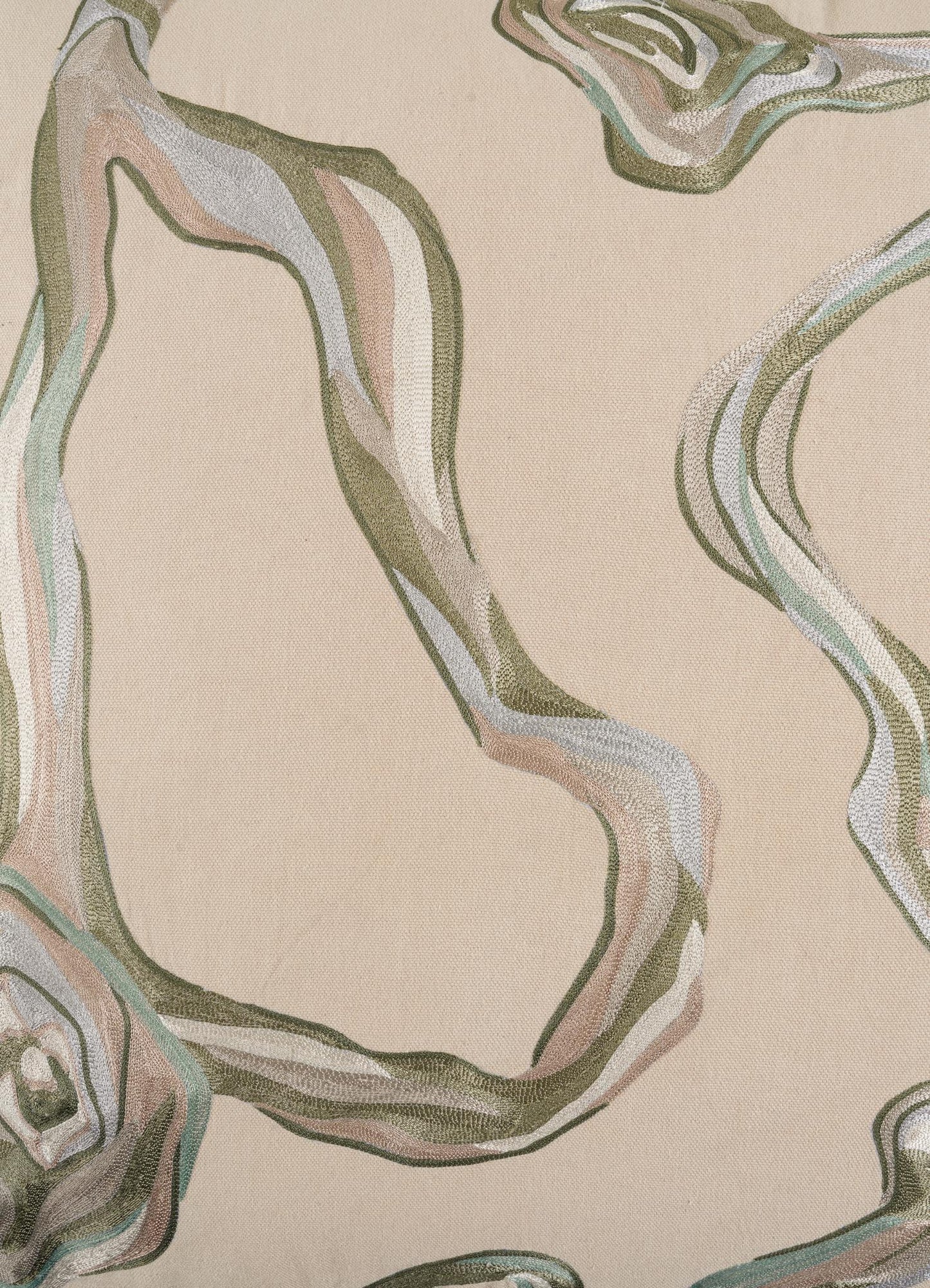 The Viya Tutti Frutti Sea Green Cushion Cover (24"x24") features beige fabric with abstract, wavy green, brown, and white patterns—ideal for adding Cartier Tutti Frutti-inspired elegance to your decor.